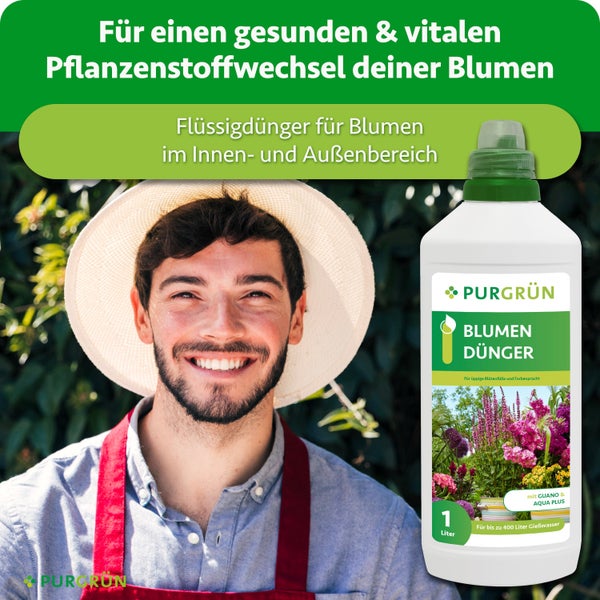 Purgrün Blumendünger Flüssigdünger für Innen- und Außenbereich in der 1 Liter Flasche mit Guano und Aqua Plus für vitales Pflanzenwachstum