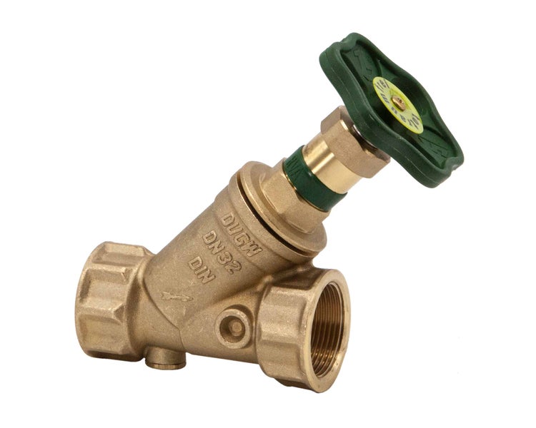 Schrägsitzventil aus Messing mit grünem Handrad, Nennweite 32, zertifiziert, mit Innengewinde.