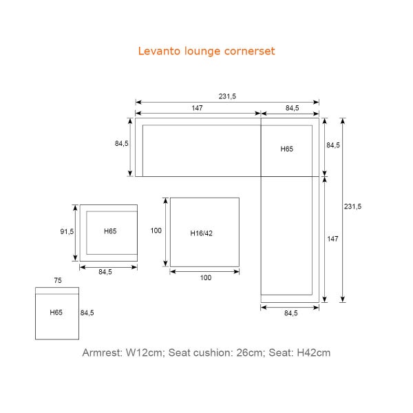 Technische Zeichnung mit Maßen für das Levanto Lounge-Eckset, zeigt Ecksofa, Sessel und Tisch mit Maßangaben in Zentimetern.