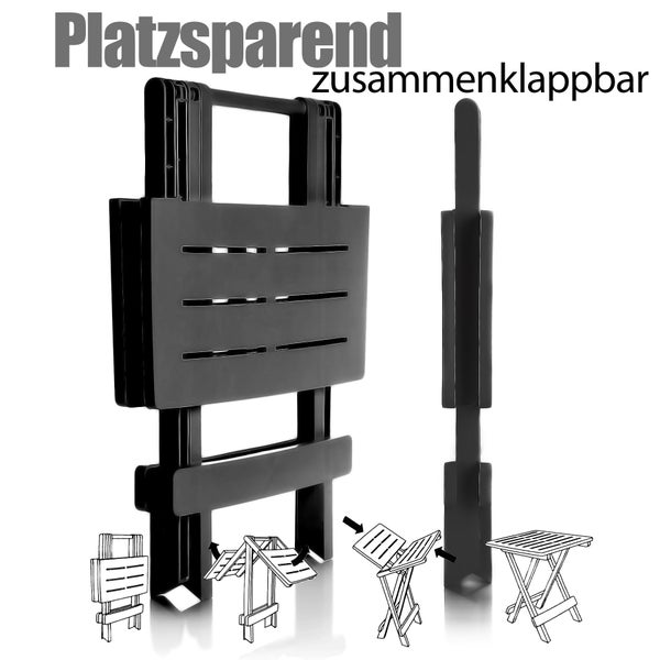 Platzsparender, zusammenklappbarer Beistelltisch im aufgebauten und zusammengeklappten Zustand