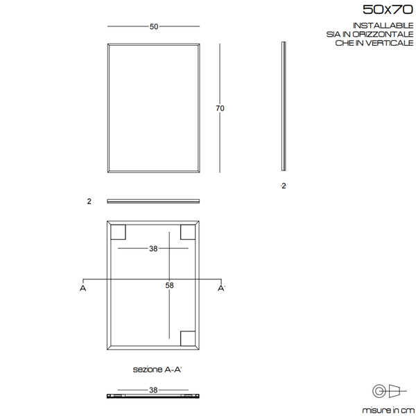 Rechteckiger Spiegel 50x70 cm mit PVC-Rahmen und matt schwarzem Rand