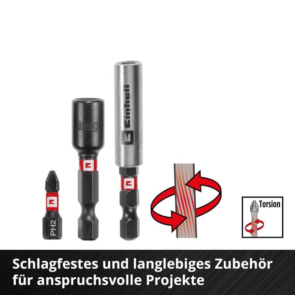 Original Einhell M-CASE 39-tlg. schlagfestes Zubehör-Set (25-mm-Bits, Metallbohrer, Holzbohrer, Steinbohrer, 60-mm-Bithalter, Steckschlüssel, Senker inkl. Aufbewahrungsbox)