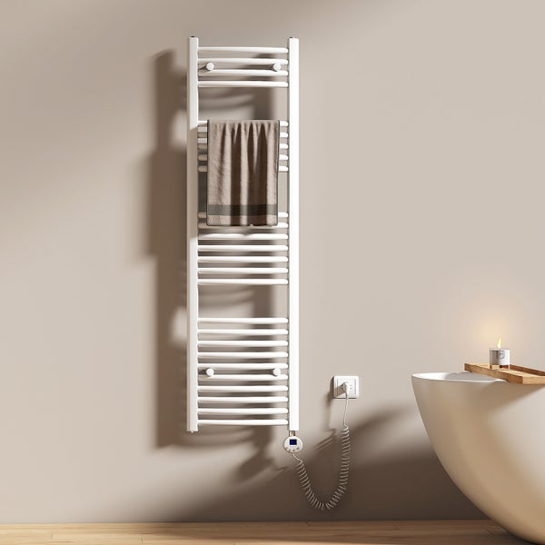 EMKE Elektrischer Badheizkörper mit Thermostat 140x40cm, Handtuchtrockner mit Heizstab, Gebogen Badheizkörper Elektrisch Weiß, 479W