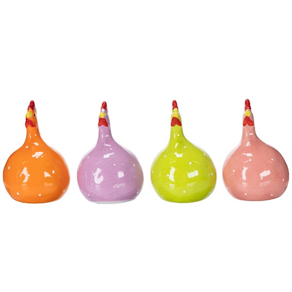 Vier dekorative Keramikfiguren in Hühnerform