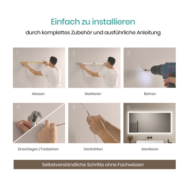 EMKE Badspiegel mit LED-Beleuchtung 120 x 60 cm, Kalt-/Warmweiß, Kippschalter, Anti-Beschlag, Spiegelglas 5 mm kupferfrei & rostfrei