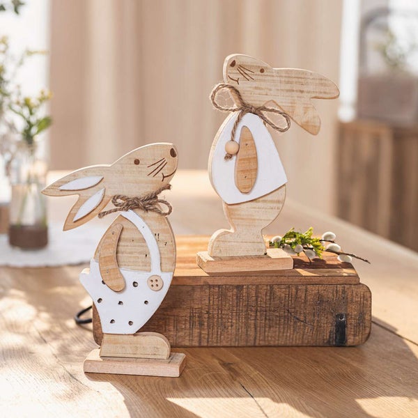 FRANK FLECHTWAREN | Hase Hansi & Franzi, 2er Set, HOLZ, JUTE, ca. 14 x 5 x 24 cm