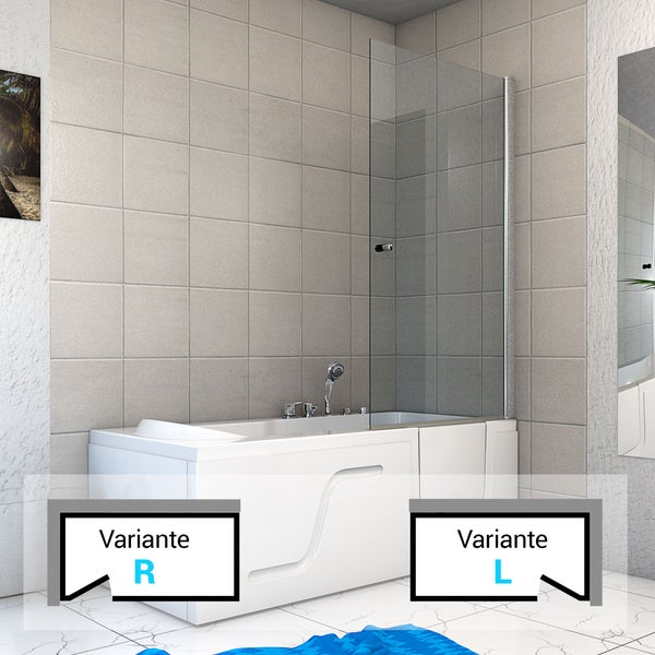 Weiße Badewanne mit integriertem Sitz und transparenter Glas-Duschwand in einem hell gefliesten Badezimmer.