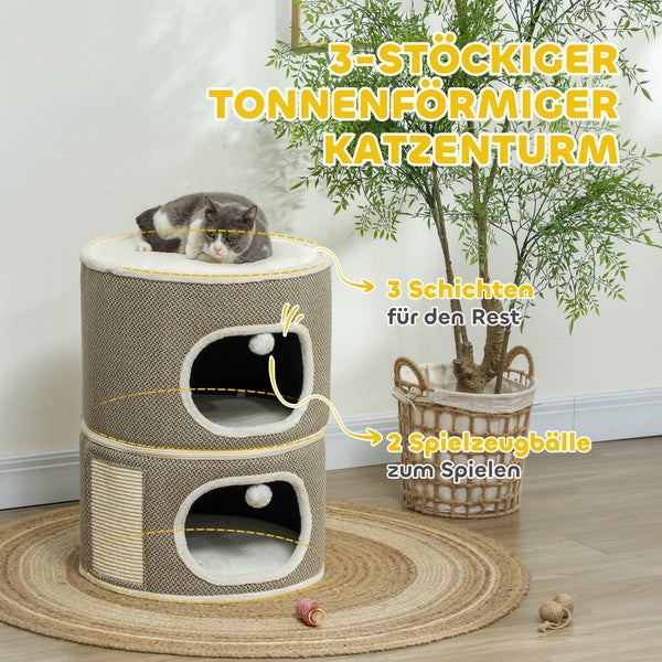 PawHut Kratztonne, 69 cm hoch Katzentonne mit 2 Höhle, Kratzbaum mit Spielbällen, Katzenturm aus Sisal, für Katze bis 6 kg, Kaffeebraun+Cremeweiß