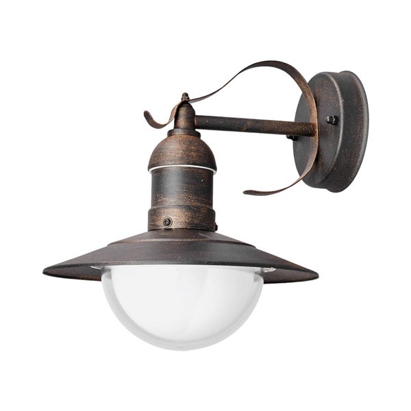 Außenwandleuchte aus Metall im Antik-Stil mit Glas-Diffusor in Halbkugelform.