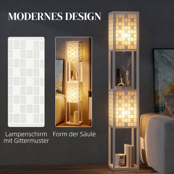 Moderne Stehleuchte in Säulenform mit integrierten Regalfächern und zwei Lampenschirmen mit Gittermuster.