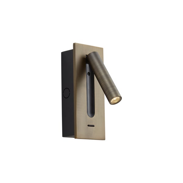LED-Wandleseleuchte aus Metall in Messing-Optik antik mit schwenkbarem Spot.