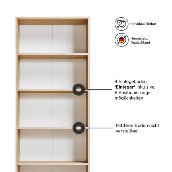 Bücherregal aus Holz mit vier verstellbaren Fachböden und einem festen Mittelboden, hergestellt in Deutschland, individualisierbar.