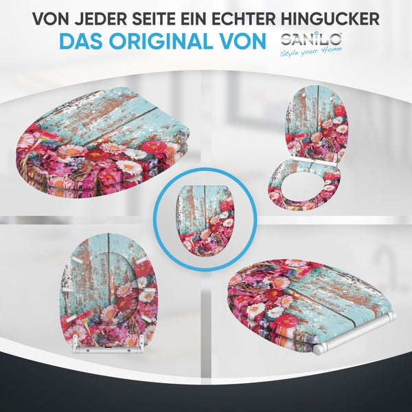 Sanilo WC Sitz mit Blumenmuster und Holzoptik in verschiedenen Ansichten für die Badgestaltung.