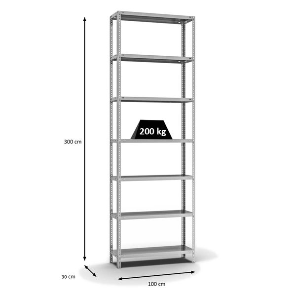PROREGAL Fachbodenregal Schraubsystem Medium-Duty Grundregal HxBxT 300 x 100 x 30 cm 7 Ebenen Fachlast 200 kg Beidseitig Nutzbar Verzinkt