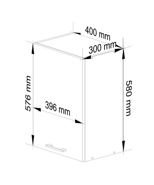 Technische Zeichnung eines Unterschranks mit Maßangaben