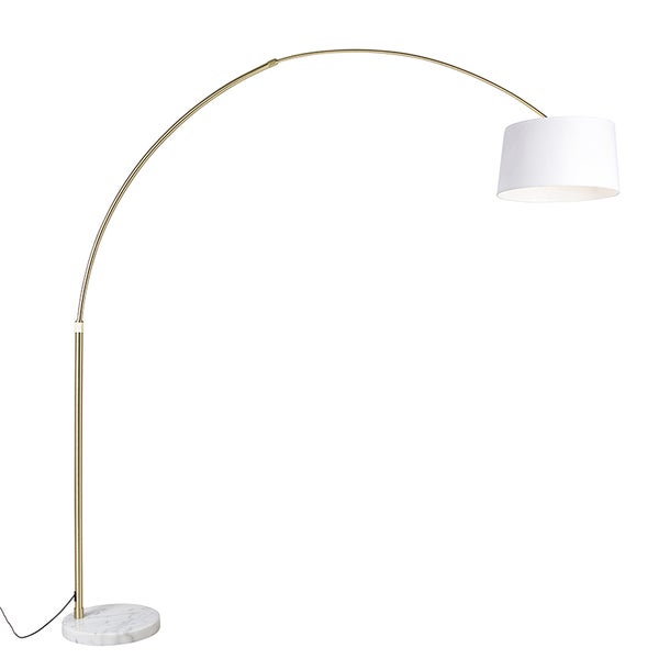 QAZQA - Modern Bogenlampe Messing mit weißem Stoffschirm weiß 50 cm - XXL I Wohnzimmer I Schlafzimmer - Stahl Länglich - LED geeignet E27