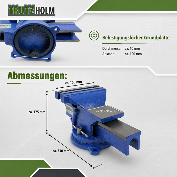 Technische Zeichnung eines Trutzholm Werkbank Schraubstocks mit Maßangaben für die Grundplatte und das Gehäuse in Millimeter.