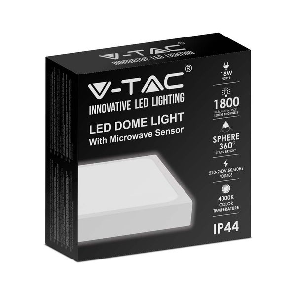 V-TAC VT-8618SW-SQ - Quadratische LED-Lichtkuppeln mit Sensor - 225mm - IP44 - Weiß - 18W - 1800