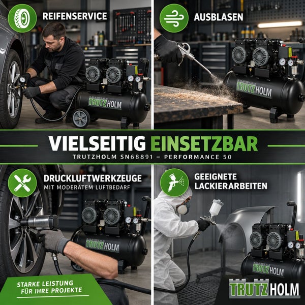 Trutzholm Kompressor Performance 50 SN68891 für Reifenservice, Ausblasen, Druckluftwerkzeuge und Lackierarbeiten in einer Werkstatt.