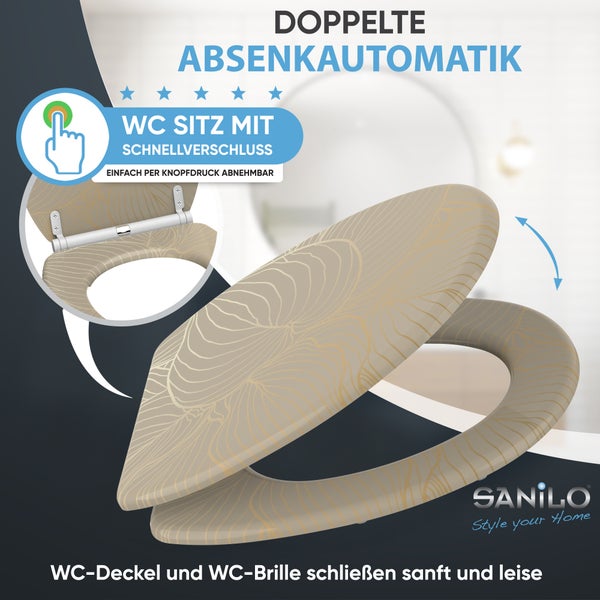 Sanilo WC-Sitz mit doppelter Absenkautomatik, Schnellverschluss per Knopfdruck abnehmbar und strukturiertem Muster. Sanilo Logo.