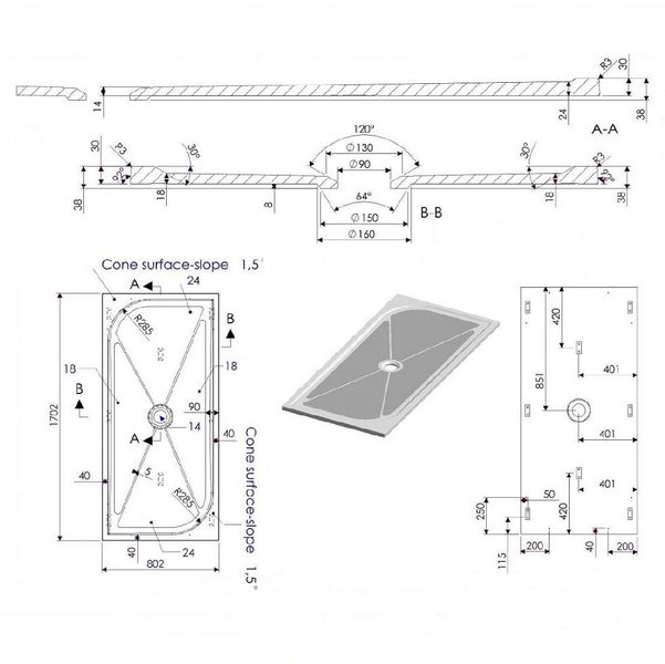 80X170cm Große Mineralguss-Duschwanne weiß glänzend glatt | Klio