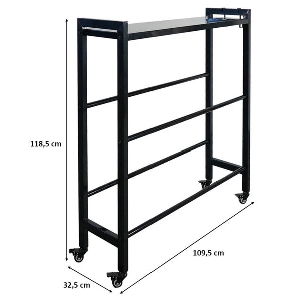 Rollwagen mit drei Ablagen und Maßangaben