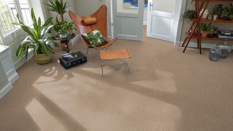Helles, modernes Wohnzimmer mit Teppichfliesen in Sisaloptik, einem Leder-Sessel, Zimmerpflanzen und einem Holzregal.