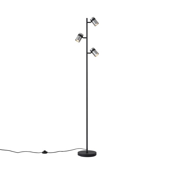 Dreiflammige Stehleuchte aus Metall in Schwarz und Silber mit drei zylindrischen Spots.