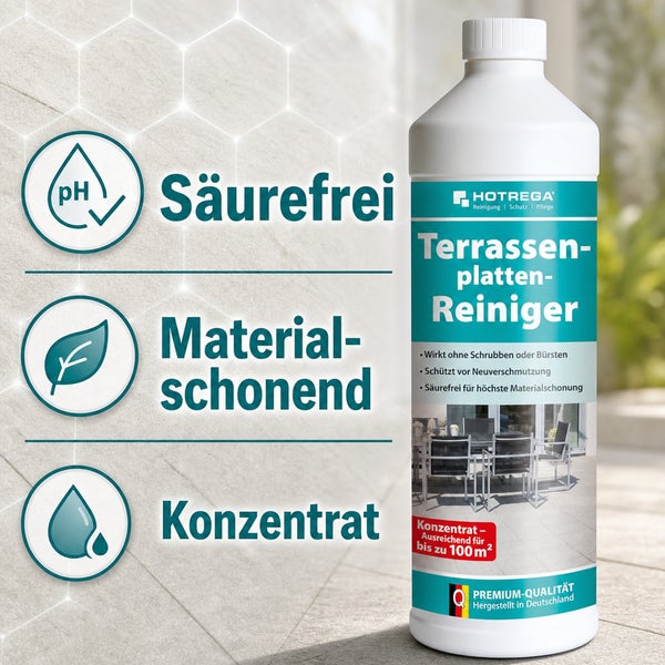 Hotrega Terrassenplattenreiniger Konzentrat in der Flasche mit Hinweisen zu säurefreier Rezeptur und materialschonender Anwendung.