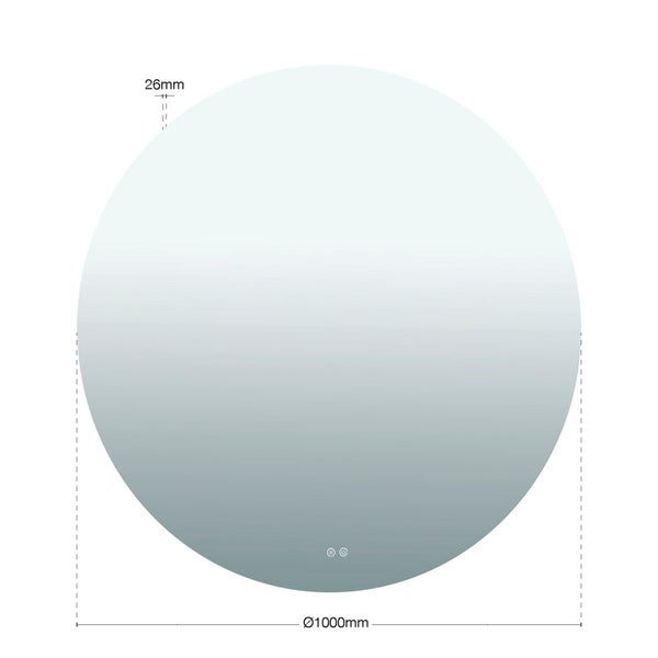 Runder Wandspiegel mit LED Beleuchtung und Heizung, Durchmesser 1000 Millimeter, Bautiefe 26 Millimeter mit Touch Schaltern