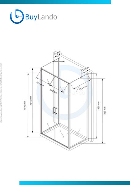 Technische Zeichnung einer Duschkabine mit Maßangaben