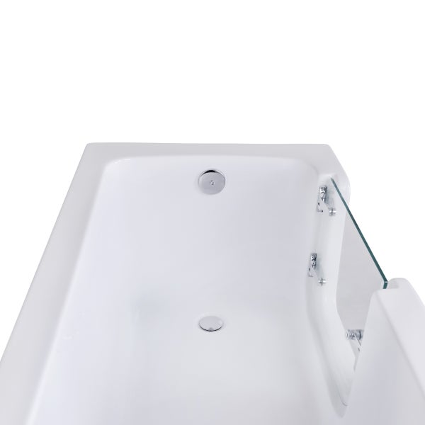 Weiße Badewanne mit integrierter Glastür für einen barrierefreien Einstieg, Ansicht von oben mit Ablauf und Überlauf.
