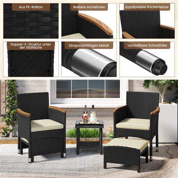 Gartenmöbelset aus Polyrattan mit Tisch, Sesseln und Fußhocker