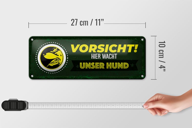 Blechschild Spruch Vorsicht hier wacht unser Hund 27x10cm