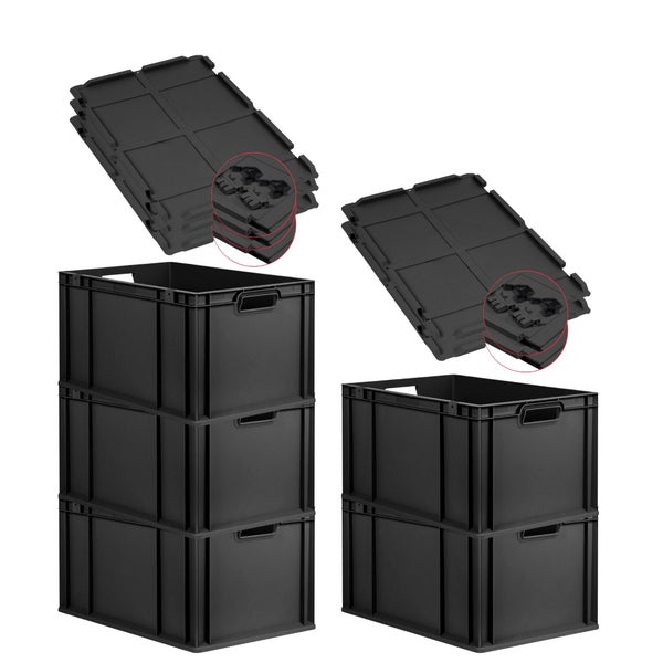 PROREGAL SuperSparSet 5x Eurobox NextGen Grip mit Scharnierdeckel und schwarzen Schiebeschnappverschlüssen, HxBxT 32x40x60cm, 65 Liter, Schwarz, Griffe offen, Verstärkter Boden, Eurobehälter, Transportbox, Transportbehälter, Stapelbehälter