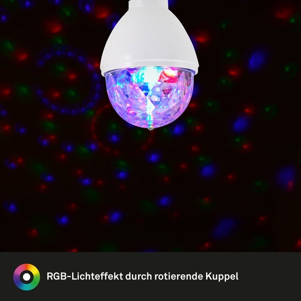 Rotierende LED Diskokugel mit buntem RGB Lichteffekt durch eine facettenreiche Kuppel.