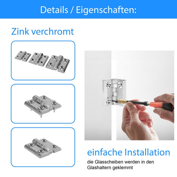 Details und Montageanleitung für verchromte Zink Scharniere zum Klemmen von Glasscheiben inklusive Schraubverbindung.