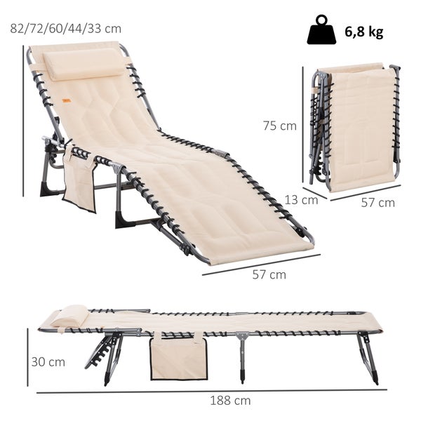 Outsunny Sonnenliege, klappbar Gartenliege mit Kopfkissen, Seitentasche, Liegestuhl mit 5-Fach verstellbare Rückenlehne, wetterfeste Campingliege bis 130 kg belastbar, für Garten Strand Pool, Beige