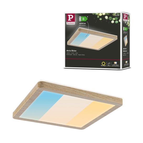 LED Panel Atria Shine IP44 eckig 190x190mm 8W 1160lm 3000 - 6500K Holzoptik
