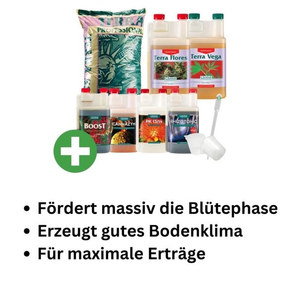 Canna Terra Profi Erde-Set Big – 50L Premium-Erde + Terra Vega & Flores je 1L + Boost, PK 13/14, Rhizotonic & Cannazym je 250ml – Inkl. Pipette & Messbecher für präzise Pflanzenpflege