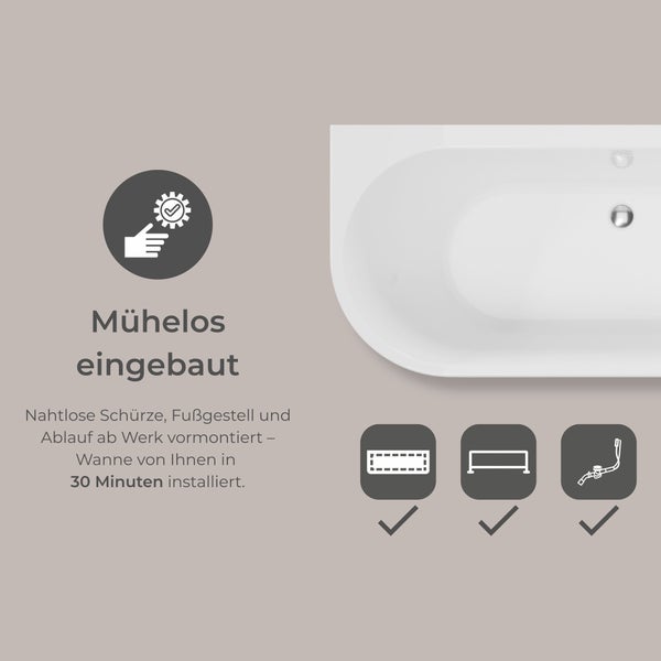 Symbol für einfache Installation einer Badewanne mit vormontierter Schürze, Fußgestell und Ablauf