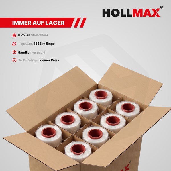 Hollmax Logo, acht Rollen transparente Stretchfolie mit roten Kernen in einem Versandkarton, Gesamtlänge 1888 Meter.