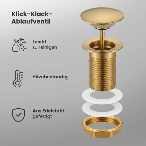 Klick-Klack-Ablaufventil aus Edelstahl, hitzebeständig und leicht zu reinigen.