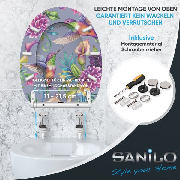 WC-Sitz mit Kolibri- und Blumenmotiv, für Lochabstände von 11 bis 21,5 Zentimeter, inklusive Montagematerial und Schraubendreher, Sanilo Logo.