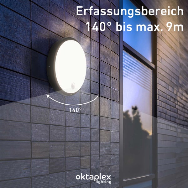 Außenleuchte mit Bewegungsmelder 3000K warmweiss IP65 1010lm LED Wandlampe anthrazit flach Rundlampe 230V