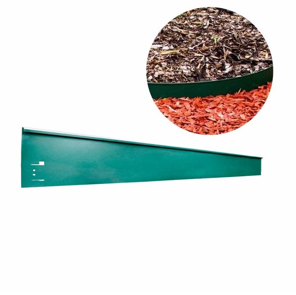 Rasenkante aus Metall und Anwendungsbeispiel mit Rindenmulch