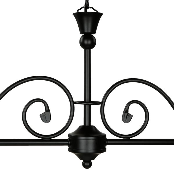 Detailansicht einer schwarzen Deckenleuchte mit dekorativen Schnörkeln.