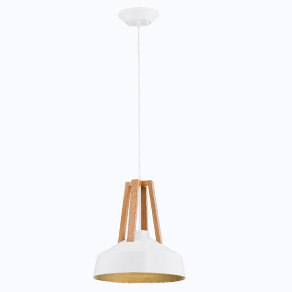 Moderne Pendelleuchte mit Lampenschirm aus Metall und Holzelementen zur Deckenmontage