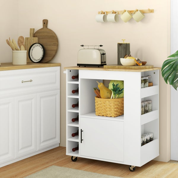 HOMCOM Küchenwagen Servierwagen mit Arbeitsplatte aus Holz, Ablagen, Weinregalen, Küchenschrank Rollwagen mit Soft-Close-Scharnieren, Griff, Kücheninsel, 83x40x83cm, Eiche