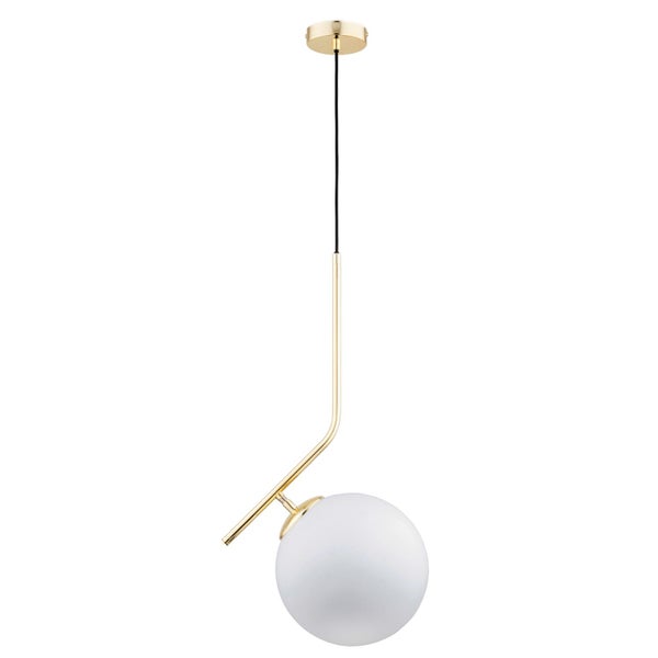 Moderne Pendelleuchte mit einer Glaskugel an einem geschwungenen Metallarm zur Deckenmontage